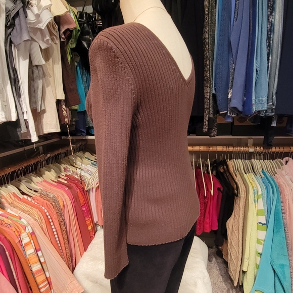 RALPH LAUREN ♡ Gorgeous Vintage Brown V Neck 'n Back Wide Ribbed Knit Sweater S - Picture 6 of 15